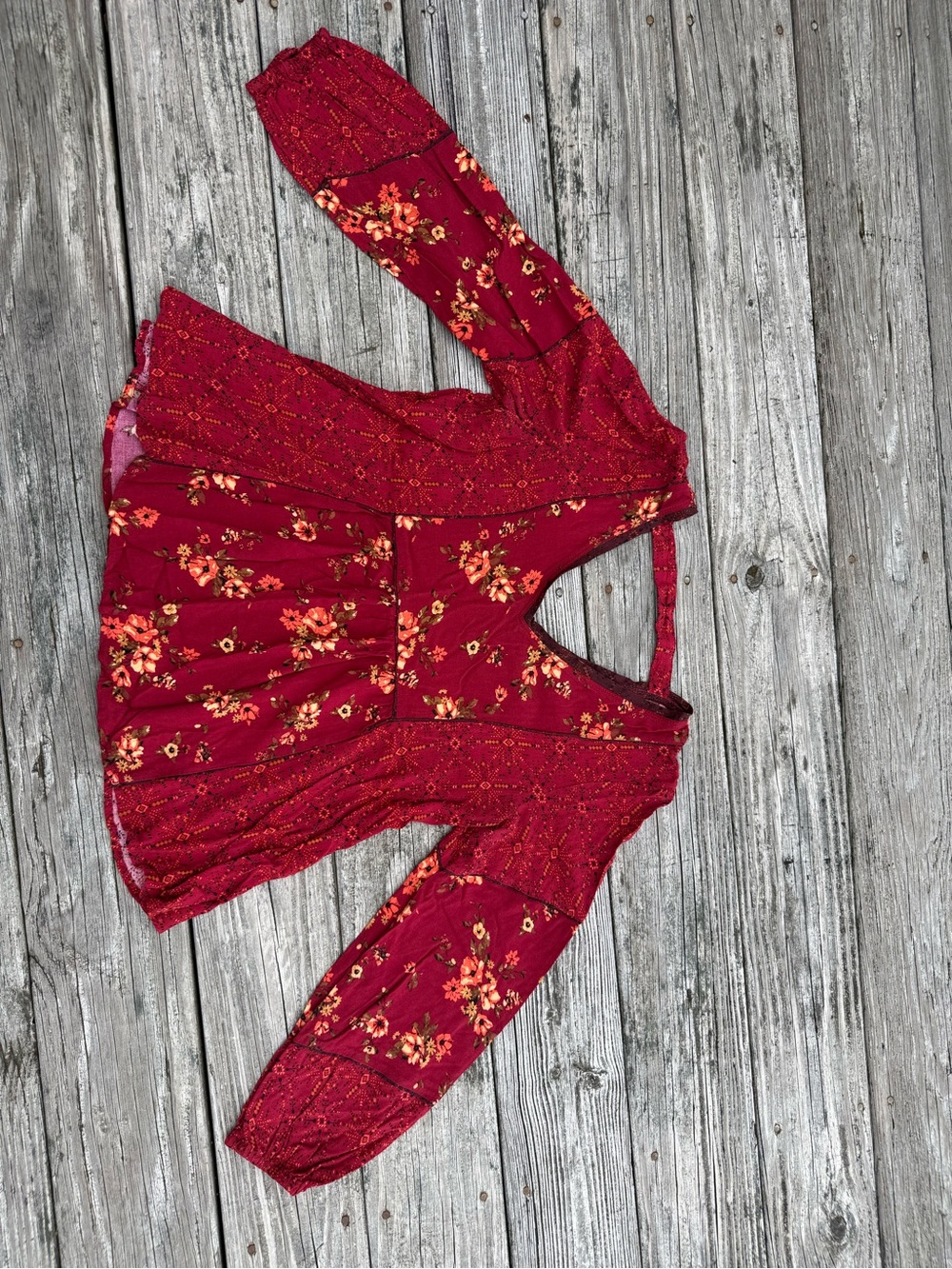 Maurices Burgundy Floral Lace Sleeve Peasant Top